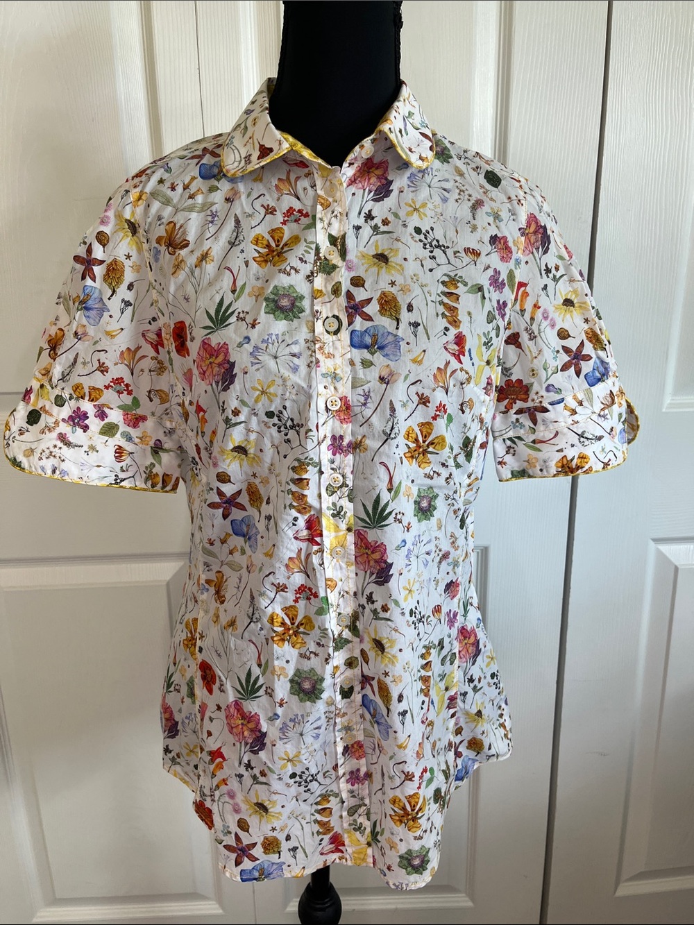 Georg Roth White Floral Garden Button-Up Short Puff Sleeve Blouse Cotton Small